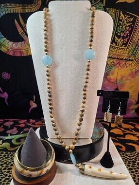 Picture Jasper/Aquamarine/Bone Necklace Set